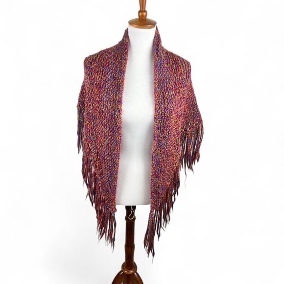 Hand-Knit Cozy Rainbow Shawl with Fringe – Soft, Funky, and One-of-a-Kind! - Picture 1 of 10